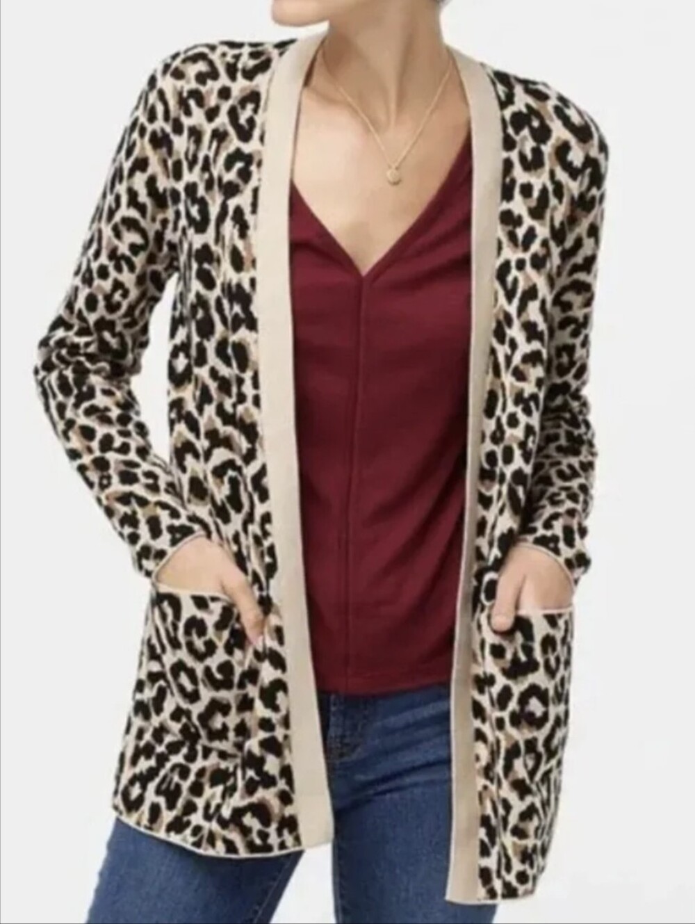 J. Crew Leopard Print Open Front Cotton Cardigan Sweater With Pockets Size Large